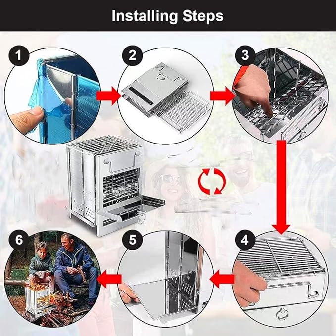 Portable Wood Burning Camp Stove with Grill - Folding, Backpacking, Box Stove with Fire Blowing Stick and Carrying Bag