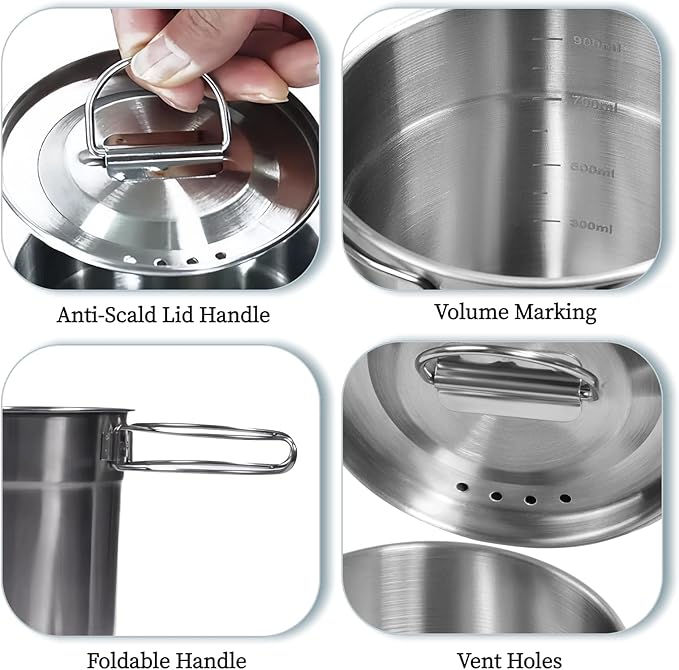 Foldable Camping Cups Mugs Camping Pot Cookware 304-Food-Grade Outdoor Camp Cooking Set with Vented lid,Stainless Steel Backpacking Cookware for Hunting