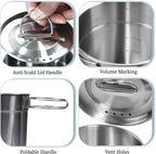 Foldable Camping Cups Mugs Camping Pot Cookware 304-Food-Grade Outdoor Camp Cooking Set with Vented lid,Stainless Steel Backpacking Cookware for Hunting