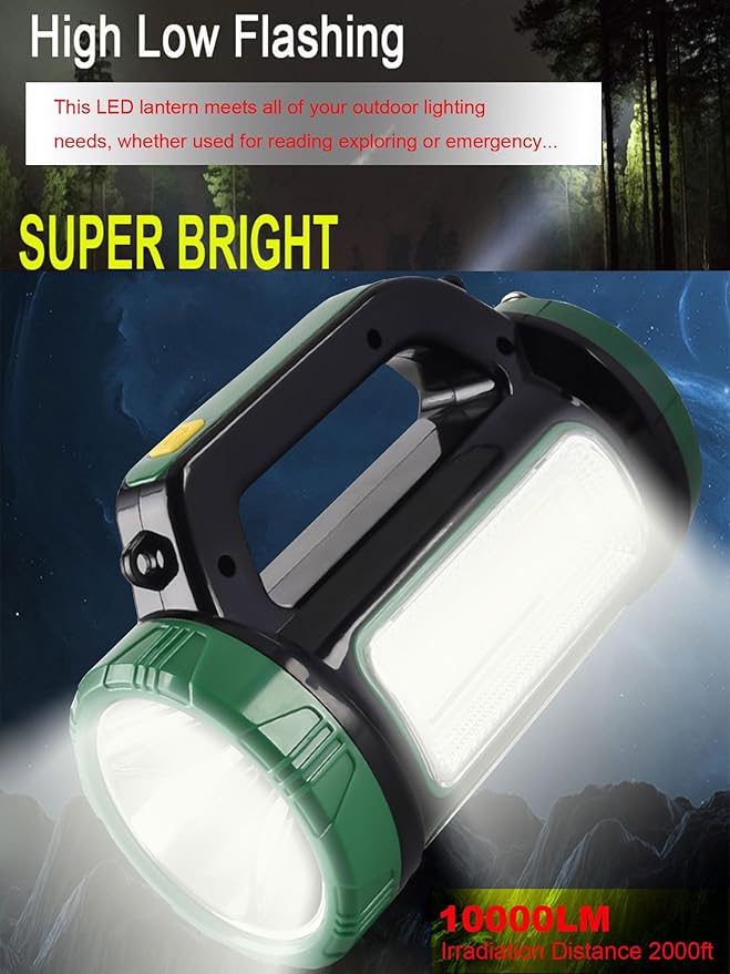 Solar Rechargeable LED Searchlight Spotlights, Super Bright 10000LM Handheld Spotlight Lantern, Multifunctional LED Lamp Camping Work Light, 6 Light Modes, IPX4 Waterproof