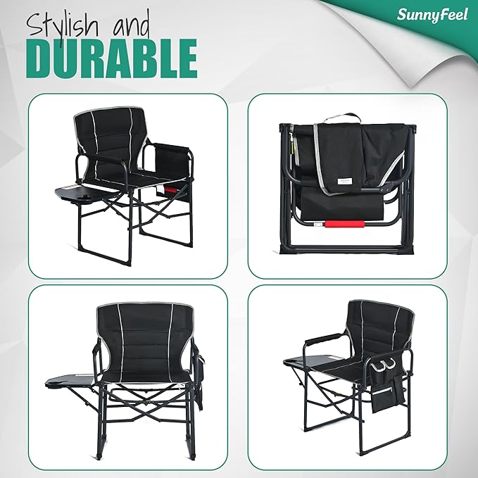 SUNNYFEEL Oversized Camping Directors Chair 2 Pack, Portable Folding Lawn Chairs for Adults Heavy Duty with Side Table,Pocket for Beach, Fishing,Picnic,Concert Outdoor, Foldable Camp Chairs