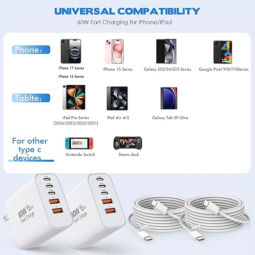 10Foot iPhone 17/16/15 Cord Fast Charging,2Pack Super Quick 60W i Phone USBC Charging Block 5-Port Phone Plug Long 10FT Type C Woven Cable for i Phone17/17 Air,iPhone 16e/16/15/15Pro,iPad Pro/Air/Mini