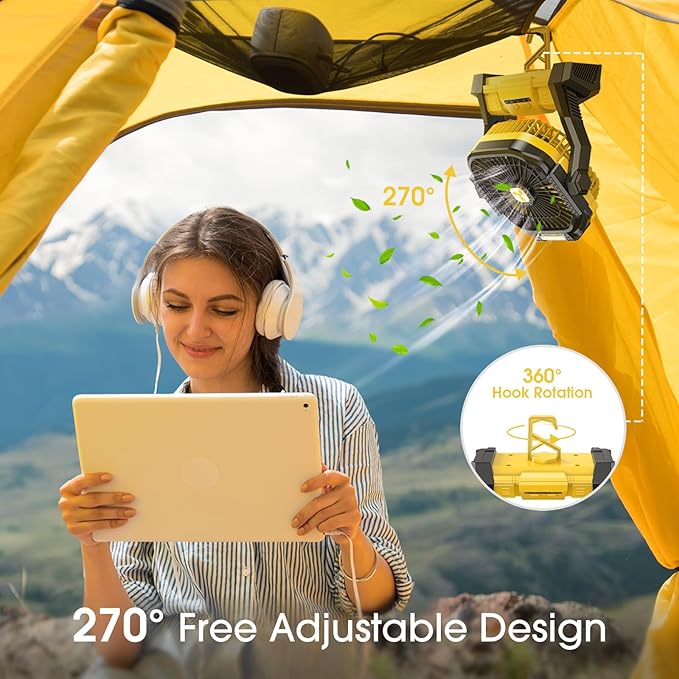 ONLYNEW Portable Fan Rechargeable, 20000mAh Cordless Battery Powered Fan with LED Lantern, USB C Battery Operated for Travel Bedroom Home Camping Tent Office Beach Desk Fishing Table (Yellow)