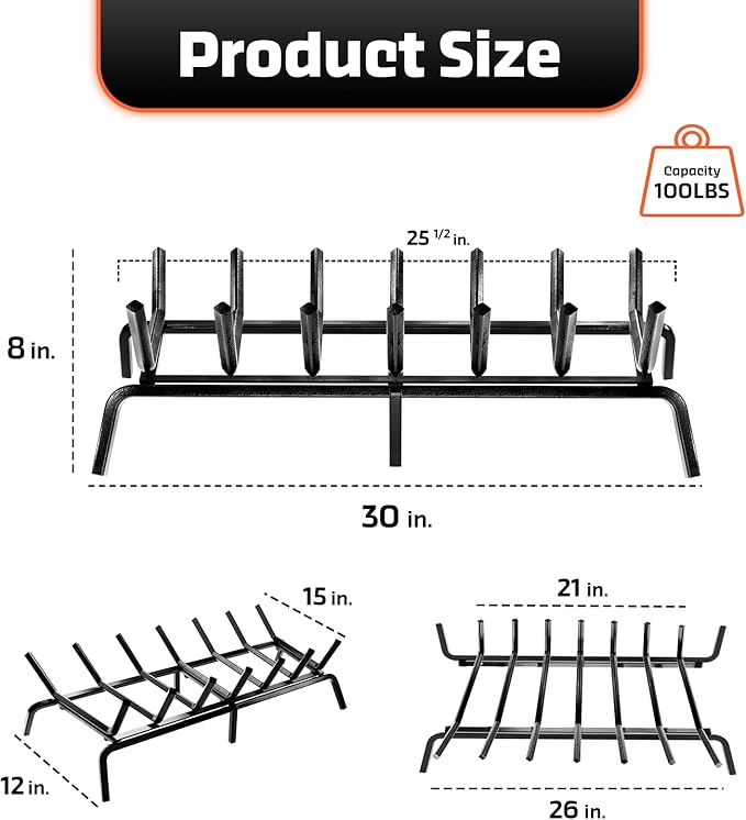 IDZO Solid Steel Fireplace Grate 30 Inch, Upgraded Fireplace Log Grate with Extra Leg for Sturdy Stand & Better Air Flow, Quick Assembly Bar Fire Grates for Indoor & Outdoor