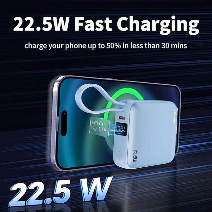 Hichain Mini Portable Charger with Built in Cables LED Display, Mini Power Bank 10000mAh 22.5W USB-C Fast Charging Portable Charger, Small Power Bank for iPhone Compatible with iPad & Android Blue