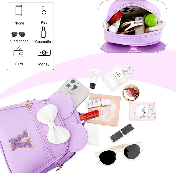 KKXIU Girls Initial Bowknot Cute Mini Backpack for Toddler, Travel Small Girl Backpacks, Personalized Birthday Gifts for Little Girls and Kids(V, Purple)