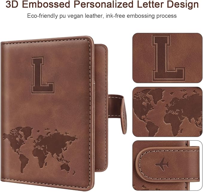 Passport Holder Wallet Cover Personalized Letter A-Z Travel Wallet RFID Blocking Passport Cover Wallet Case for Travel Passport Book Holders for Women and Men, Brown-L