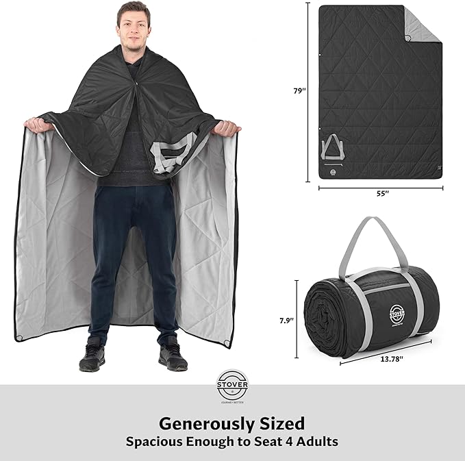 STOVER Waterproof Stadium Blanket – Portable Outdoor Camping Blanket for Travel, Picnics, or Sports – Warm, Windproof, Lightweight, and Packable (Onyx Black)