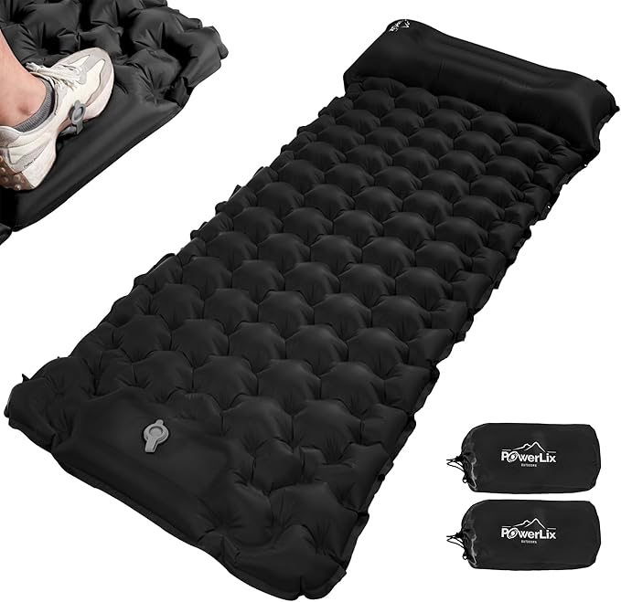 POWERLIX Camping Sleeping Pad 2 Pack, Foot Pump Sleeping Pad for Camping with Built in Pillow, Inflatable Camping Mat, Lightweight Compact Air Mattress Pad for Backpacking Hiking Travelling