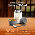 ENERGIFY Vacuum Insulated Food Jar. Large 24oz Bowl incl. Folding Spoon, Cup. Wide Mouth Keep Hot & Cold Drinks Soup Lunch Container for Adults. BPA-Free Stainless Steel, Leak Proof, Cream