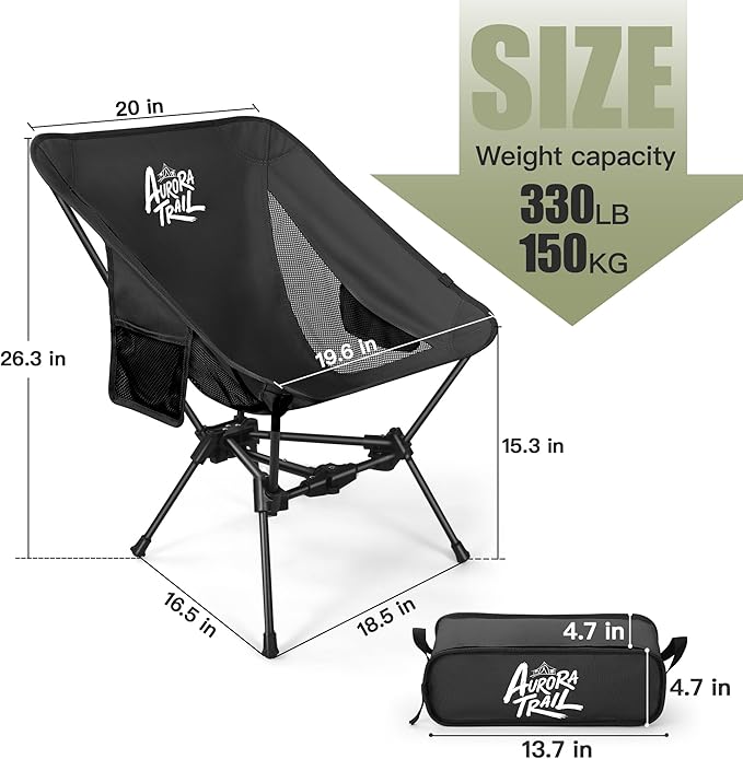 Ultralight Backpacking Chair,2.2lb Compact Folding Camping Chair,Supports 300lbs,Portable Travel & Hiking Chair,Lightweight Design,Perfect for Hiking Gear, Picnics and Traveling, (Black)
