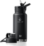IDEUS Insulated Stainless Steel Water Bottle with 2 Leak-Proof Lids, Thermal Water Flask for Hiking Biking, 32oz, Black