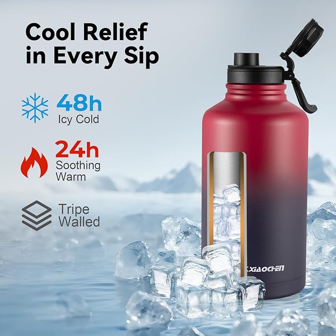 KXIAOCHEN Insulated Water Bottle, Stainless Steel Water Bottle, 2 Lids (Straw and Handle Lid),Wide Mouth Metal Water Bottles Keep Hot and Cold, Double Walled, Thermo Mug, Metal Canteen