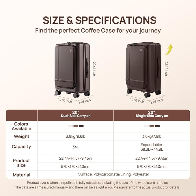 NINETYGO Carry On Luggage 22x14x9 Airline Approved, Top Opening 20 Inch Suitcase with Front Compartment, Expandable, Coffee-Infused PC Shell, Eco-Friendly, Cup Holder, TSA, Spinner Wheels (Flat White)