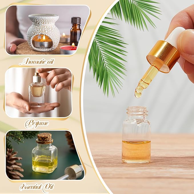 200 Pcs Mini Glass Oil Dropper Bottle Bulk, Clear Essential Small Empty Bottles Sample Containers Perfume Liquid Vials with Cap for Traveling (3 ml,Gold)