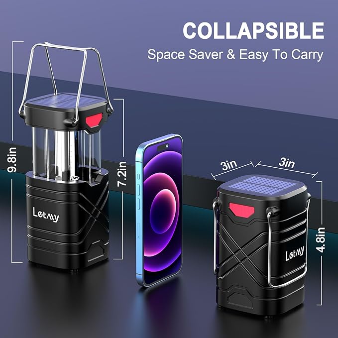LETMY 4 Pack Camping Lantern, Rechargeable LED Lanterns, Solar Lantern Battery Powered Hurricane Lanterns Flashlight with 3 Powered Ways & USB Cable for Emergency, Power Outage, Hurricane Supplies