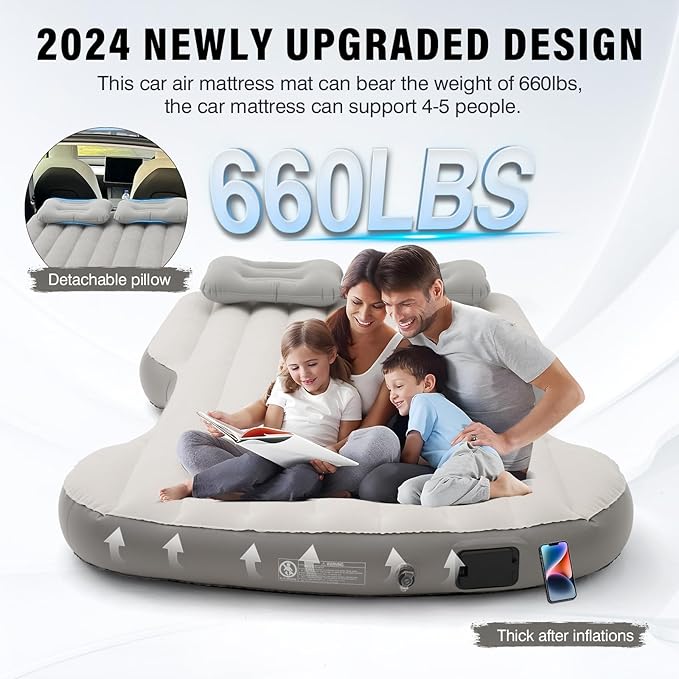 Self-Inflating Car Air Mattress for Tesla Model Y 2025 2024-2020 / Model Y Juniper 2026 Accessories Outdoor Camping Air Bed with 2 Pillows Built-in Pump Air Couch Flocking Air Cushion (Beige&Gray)