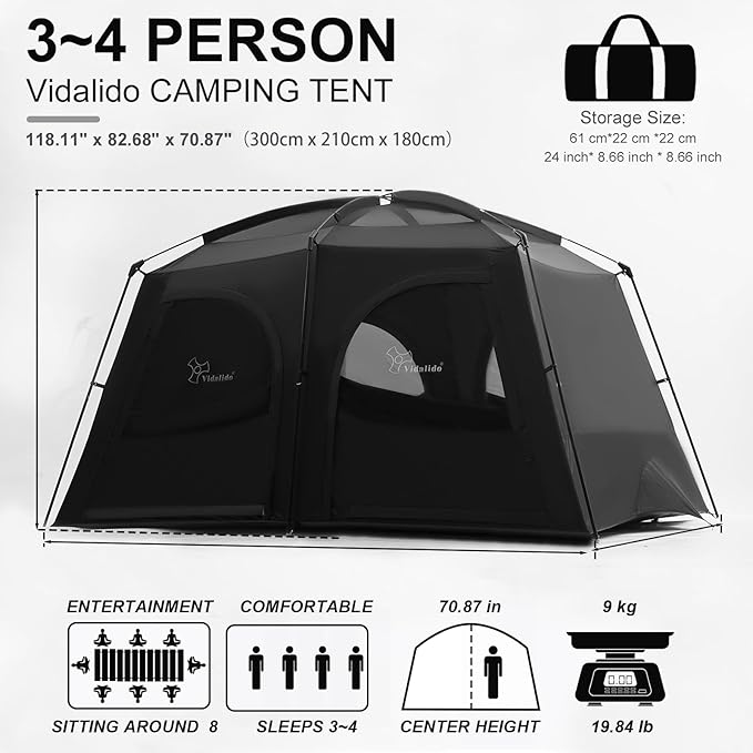 Vidalido Tents，3-4 Person Camping Tent with Extended Vestibule，Weather Resistant Family Tents with Breathable Mesh Windows，Easy Install Waterproof Outdoor Tent for Backpacking and Camping Hiking
