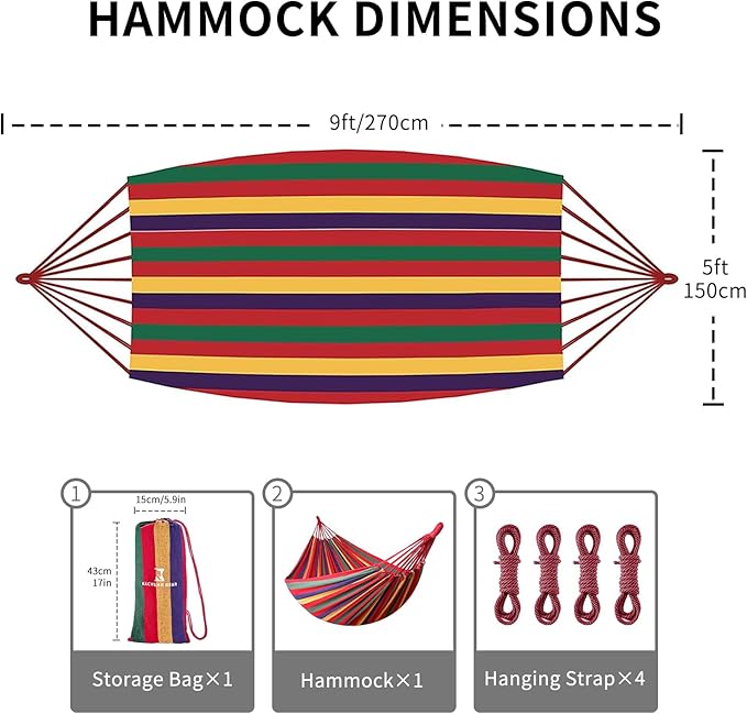 Rainbow Hammock Cotton Hammocks Comfortable Fabric Hammock with Tree Straps for Travel Patio Garden, Hanging Sturdy Hammocks Up to 660lbs Indoor/Outdoor Portable Hamacas with Travel Bag（Rainbow）