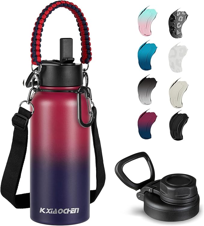 KXIAOCHEN Insulated Water Bottle, Stainless Steel Water Bottle, 2 Lids (Straw and Handle Lid),Wide Mouth Metal Water Bottles Keep Hot and Cold, Double Walled, Thermo Mug, Metal Canteen