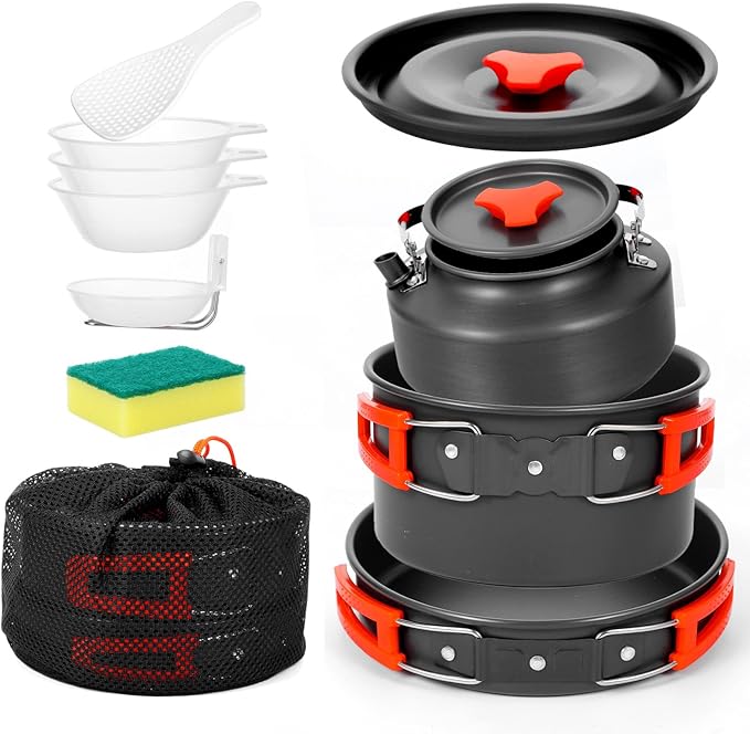 8pcs Camping Cookware Camping Pots and Pans Set with Kettle Plastic Bowls and Soup Spoon for Camping, Backpacking, Outdoor Cooking and Picnic