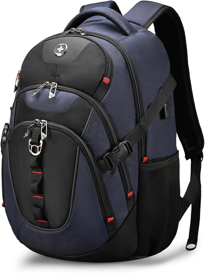 Swissdigital Design Laptop Backpack, Travel Backpack with USB Charging Port Fits 15.6 inches Computer, 31L College School Bookbag for Men, Blue/Black | SD803-12