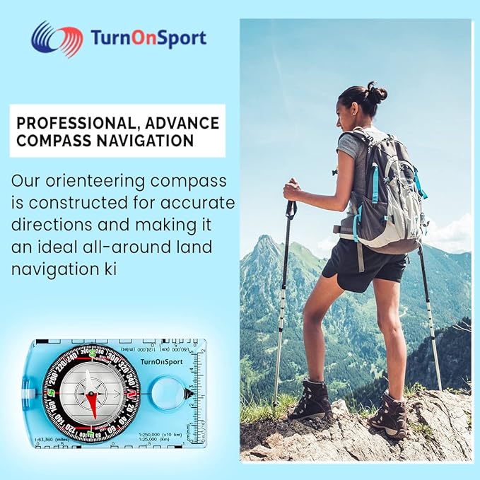 TurnOnSport Orienteering Compass - Advanced Scout Compass for Hiking, Camping, and Backpacking - Best Survival Gifts for Kids