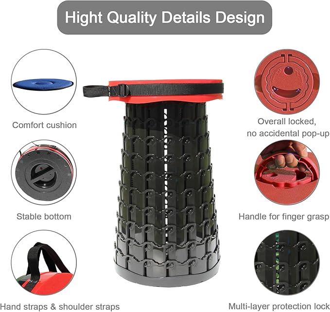 Upgraded XXL Collapsible Stool with Cushion,19.7"H-11.8"D Telescoping Folding Stool for Adults,More Sturdy Portable Camping Stools with Load Capacity 1000lbs for Outdoor,Garden,Fishing,Hiking