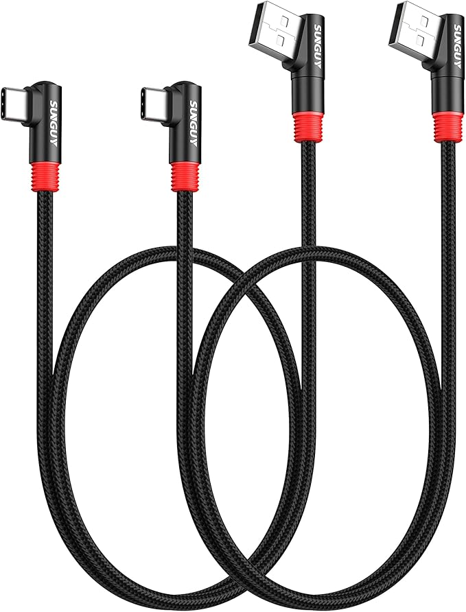 SUNGUY Right Angle USB C to A Cable 2Pack [1.5FT/0.5m] 3A Short 90 Degree USB 2.0 USB A to C Fast Charging Data Sync Cable Nylon Braided for iPhone 16 15 Pro/Pro Max/Plus, Samsung Galaxy S24/S23