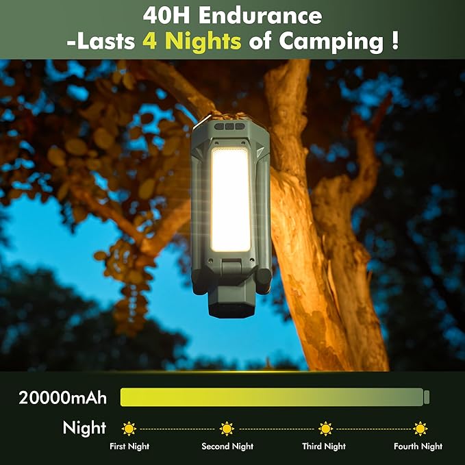 Portable Camping Light with Stand 67'' Rechargeable Work Light - 6500Lumen, 20000mAh Battery, 2700K-6000K Dimmable Emergency Flashlight with Magnetic Base for Camping, Garage, Power Outages