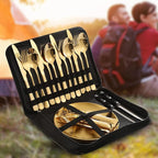 Picnic Dishes Utensils Gold Camping Flatware Set for 4 Portable Tableware Plates Silverware Forks Spoons knives Bottle Opener Food Tongs Complete Kit with Zipper Bag