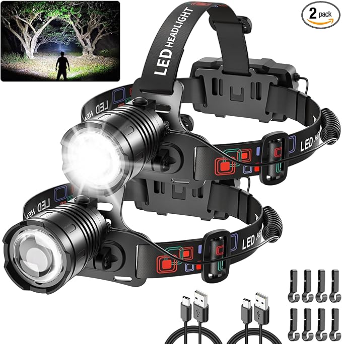 High Lumen Rechargeable Headlamp, Super Bright Head Lamp, 90°Angle Head Lights for Forehead, Adjustable Focus Headlight, 4Mode LED Headlamp Rechargeable, Headlamps for Adults Hard Hat Camping (2Pack)