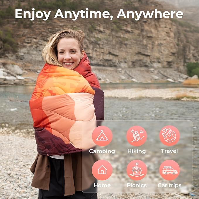 KingCamp Ultralight Camping Blanket, Packable Down Alternative Puffy Printed Wearable Blanket with Snap Buttons & Corner Loops Weatherproof Quilt for Outdoor Travel Stadium (79"L x 57"W, ORANGE)