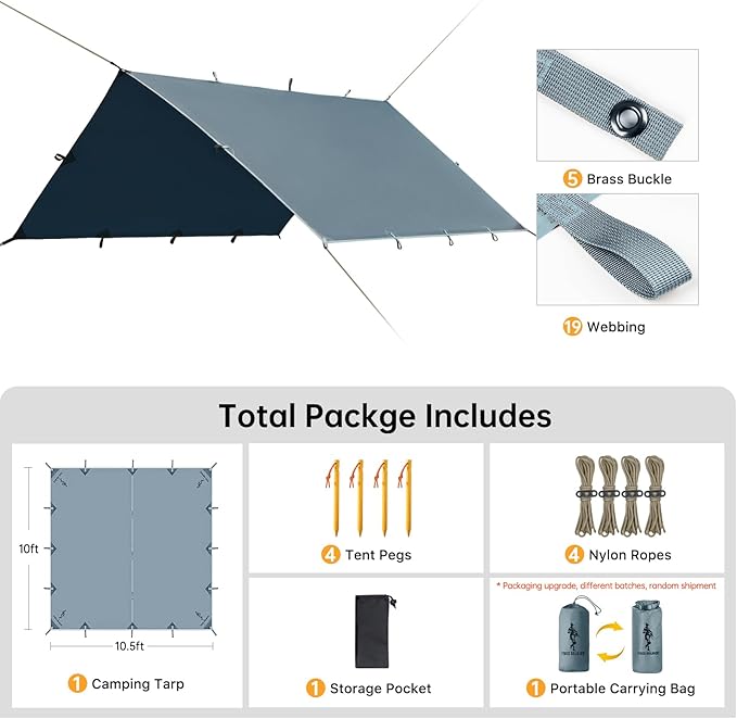 FREE SOLDIER Camping Tarp Waterproof Portable Multifunctional Outdoor Traveling Awning Backpacking Shelter Rain Tarp (Blue Gray 10×10.5ft)