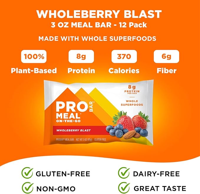 PROBAR - MEAL Bar, Wholeberry Blast, Non-GMO, Gluten-Free, Healthy, Plant-Based, Whole-Food Ingredients, Natural Energy (12 Count)