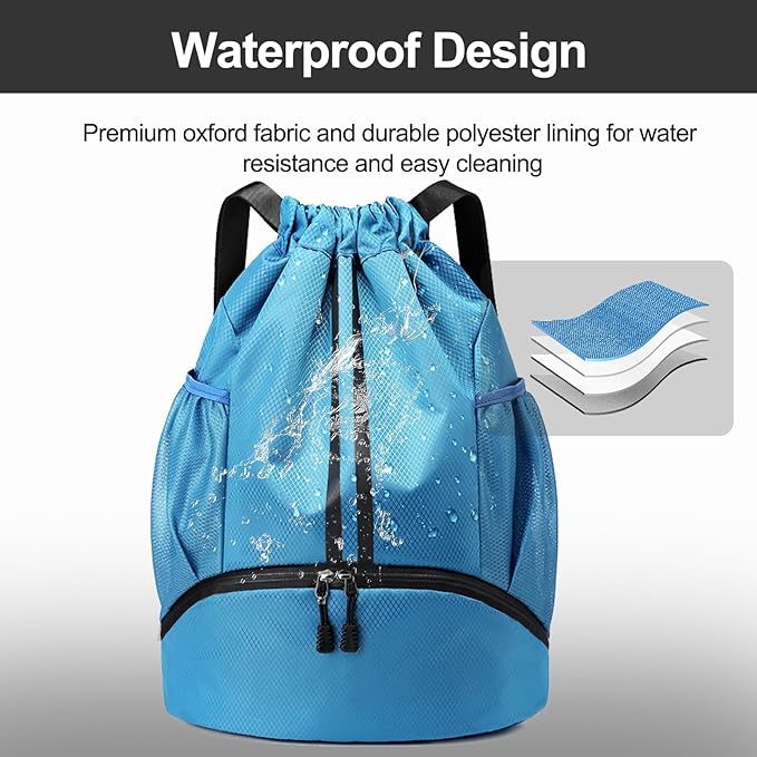 Hoedia Sports Drawstring Backpack - String Swim Gym Bag with Shoes Compartment and Wet Proof Pocket for Women/Men (Sky Blue)