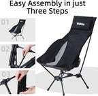 Wildhiker Portable Compact Folding Camping Chairs – Lightweight High Back with Pillow, Deep Recline, ArmPads, Side Pockets-for Motorcycle, RV, Backpacking,Travel，Festival – Black