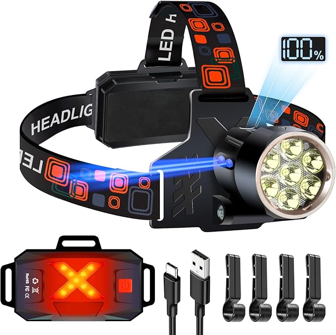 Led Headlamp Rechargeable, Super Bright Headlights for Head, Motion Sensor Head lamp, 3 Modes USB-C IPX7 Waterproof Head Flashlight for Adults, Rechargeable Headlamps for Camping Hiking Hard Hat
