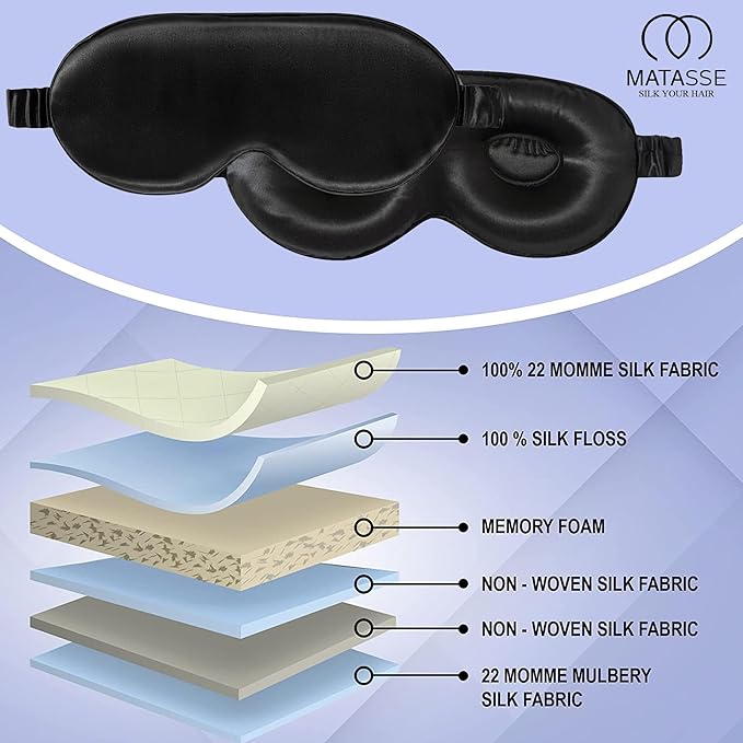 MATASSE Silk Eye Mask for Sleeping with Adjustable Elastic Band - 3D Contoured, Eye Cover Sleep Mask w/Genuine Mulberry Silk Including The Strap for Women, Men (Black)