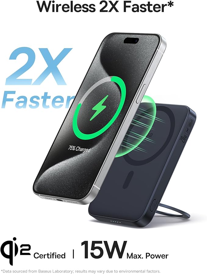 Baseus PicoGo Magnetic Power Bank, Qi2 Certified 15W Ultra-Fast Wireless Portable Charger with Stand, Ultra-Slim 5000mAh Battery Pack for iPhone 17 Pro Max 16/15/14/13/12