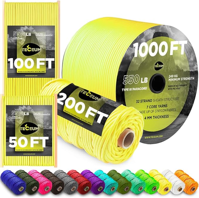 TECEUM 5/32" Paracord Rope 1000 – 1000ft / 200ft / 100ft / 50ft – Tactical Parachute Cord 4mm – 45+ Colors – Nylon String for Survival & Camping Gear – Stripe Cord for Survival – Utility Rope