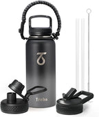 Trebo 32 oz Water Bottle Insulated with Paracord Handle and 3 Lids, Leakproof Stainless Steel Vacuum Water Jug Keep Cold 48 Hours, BPA-Free Gym Water Flask for Men Women Sports, Travel, Dark Gray