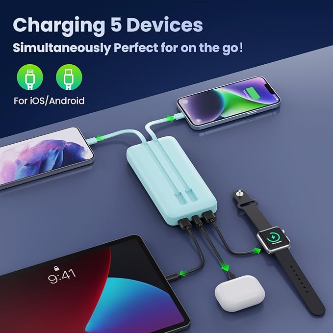 Portable Charger PowerBank 40,800mAh with 2 Built-in Cables,25W PD Fast Charging +QC 4.0 Quick Phone Charging Power Bank, 5 Outputs LCD Display USB C Battery Pack for iPhone 16/15 Android Galaxy etc