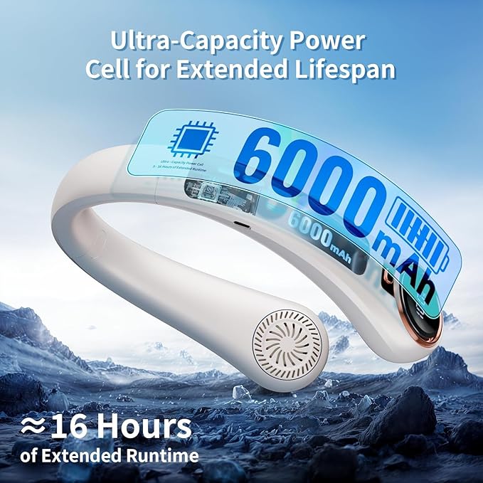Portable Neck Fan with 6000mAh USB - Rechargeable Battery, Ultra-Light Bladeless Neck Fan LED Display, 360° Cooling Wearable Fan, 3 Speeds (White)