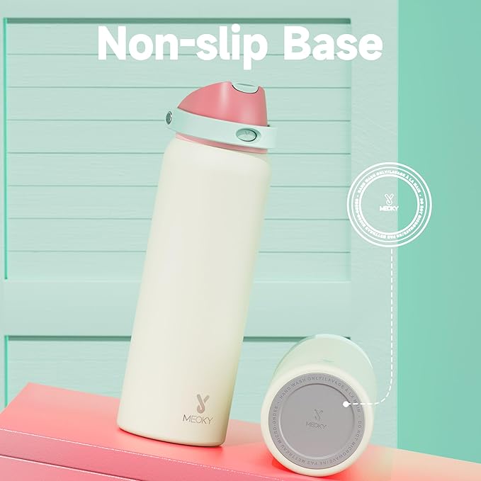 40 oz Insulated Water Bottle with Straw: Meoky Stainless Steel Metal Water Bottle with 2-in-1 Lid - Leak Proof, Cold for 24 Hours, Protective Silicone Base, BPA-Free for Sports Gym, Cream