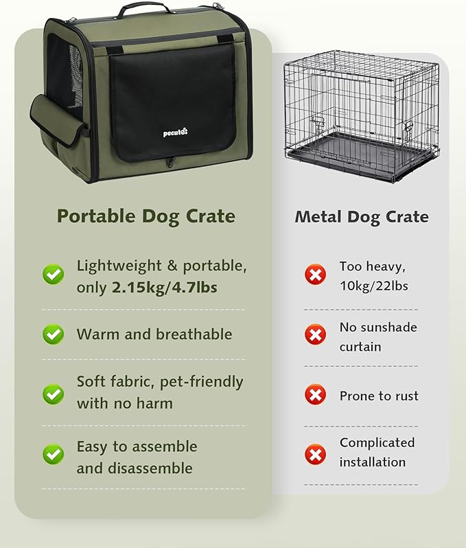 Pecute Dog Car Carrier Light Weight 19.7×16.9×14.8in, Dog Carrier Easy to Assemble, Dog Car Crate Portable and Breathable,Pet Carrier for Indoor and Outdoor, Dog Travel Crate with Curtain Green