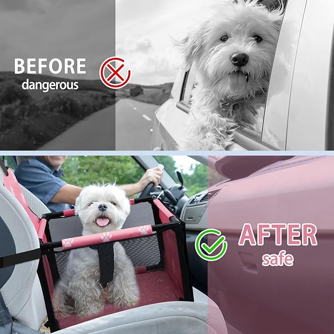 Dog Car Seat Foldable Dog Car Booster Seat Waterproof Breathable Oxford Travel Bag for Small to Medium Dogs, Puppies, and Pets-Footprint Pink-Upgrade