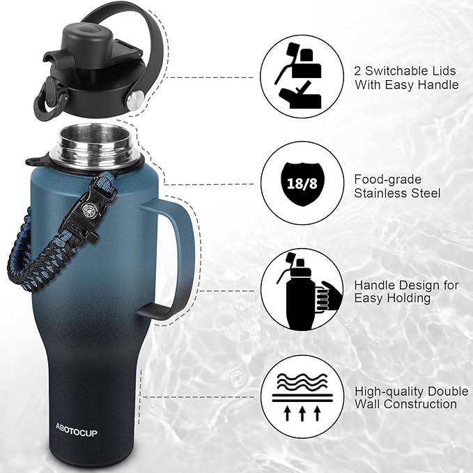 Water Bottle 40oz, Insulated Tumblers with Handle & Straw Lid, Insulated Water Bottle Fits in Cup Holder, Double Wall BPA-Free, Stainless Steel Travel Cup Leak-proof to Keep Cold 24H&Hot12H