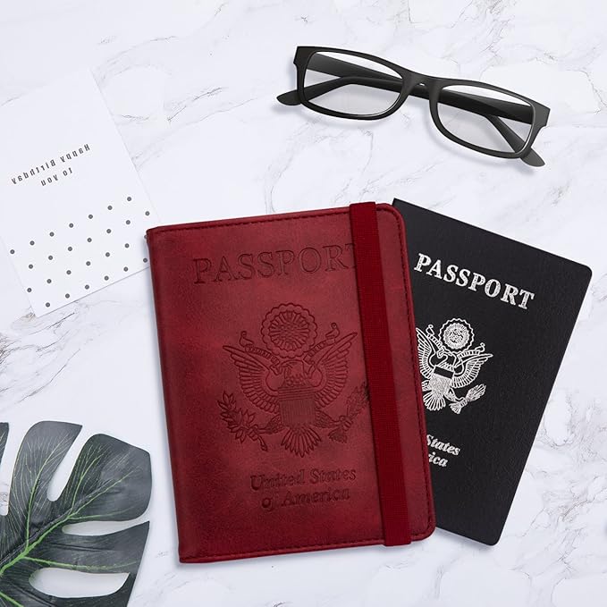 WALNEW Passport Holder for Travel, RFID Passport Cover Wallet for Women Men, PU Leather Passport Book Card Holder Case with Pen, Travelling Essentials for Flying