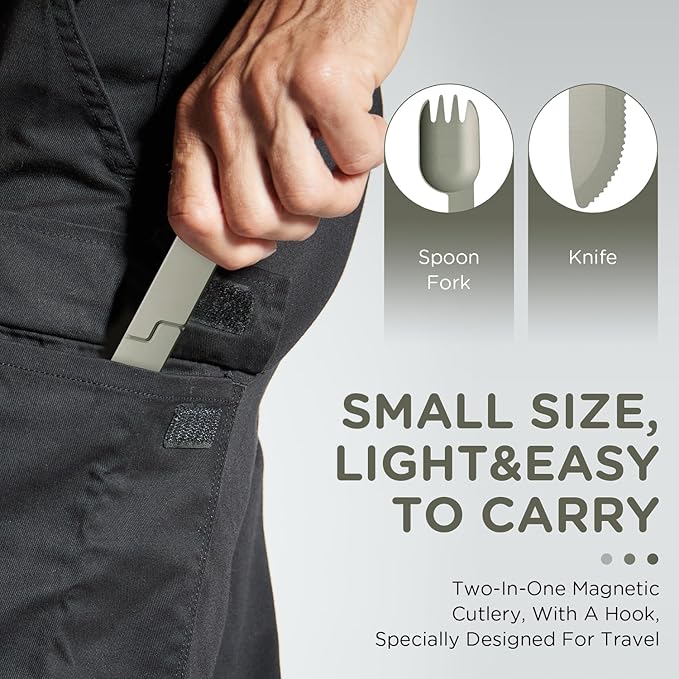 2 in 1 Camping Eating Utensils Set, Reusable Magnetic Camping Utensils Set, Portable Cutlery Backpacking Gear, Compact Spoon-Fork-Knife Cutlery Travel Utensils for Lunch Hiking Outdoor Survival